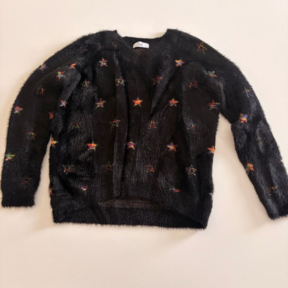 Barn Door Boutique Black Fuzzy Multicolored Star Sweater Cozy Whimsy